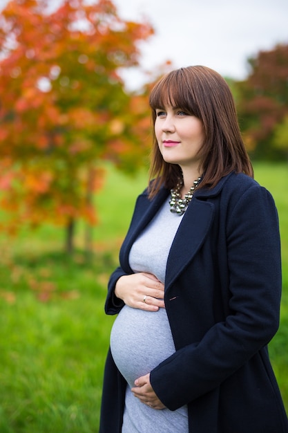 Portrait de femme enceinte de rêve posant dans le parc d'automne