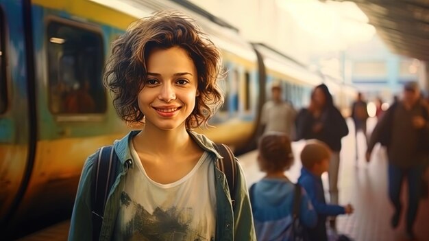 Portrait d'une femme avec des enfants à l'arrière-plan de la gare avec des trains et des chemins