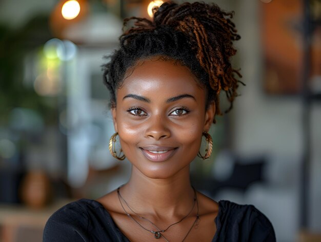 Portrait d'une femme entrepreneur noire heureuse dans le bureau