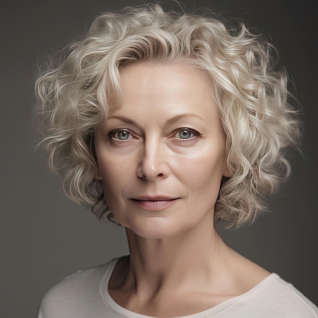 Portrait d'une femme d'environ 55 ans aux cheveux blancs bouclés Concept de beauté chez une femme mûre