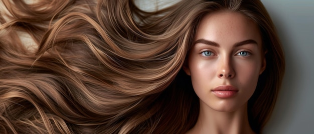 Portrait d'une femme époustouflante mettant en valeur ses magnifiques cheveux flottants