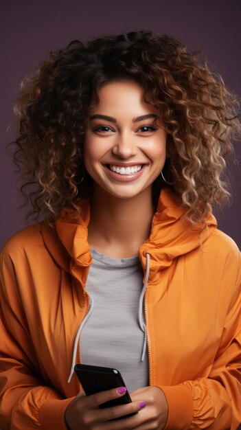 Portrait d'une femme espagnole souriante en veste orange avec un téléphone portable.