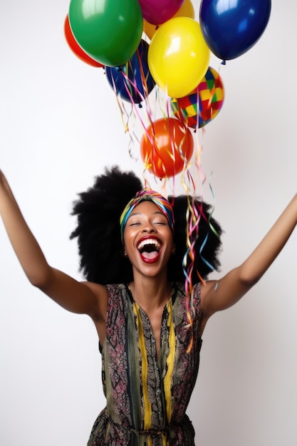 Photo portrait d'une femme ethnique célébrant avec un tas de ballons sur fond blanc