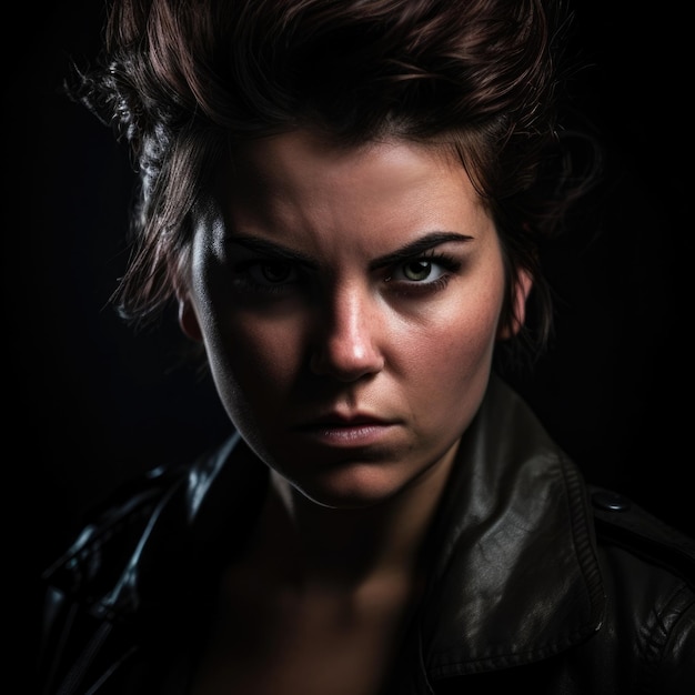 Portrait de femme féroce avec une expression de colère capturée dans un studio avec un éclairage spectaculaire