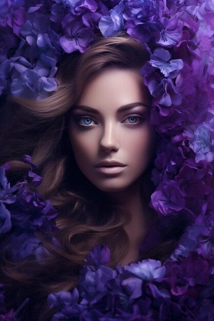 Portrait d'une femme en fleurs violettes