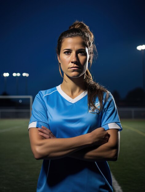 portrait, de, a, femme, footballeur, devant, a, champ