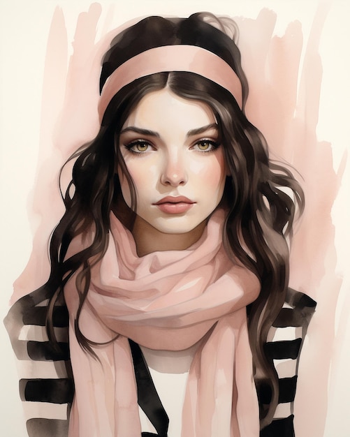 un portrait d'une femme avec un foulard dans le style des illustrations chic rose clair et bronze foncé