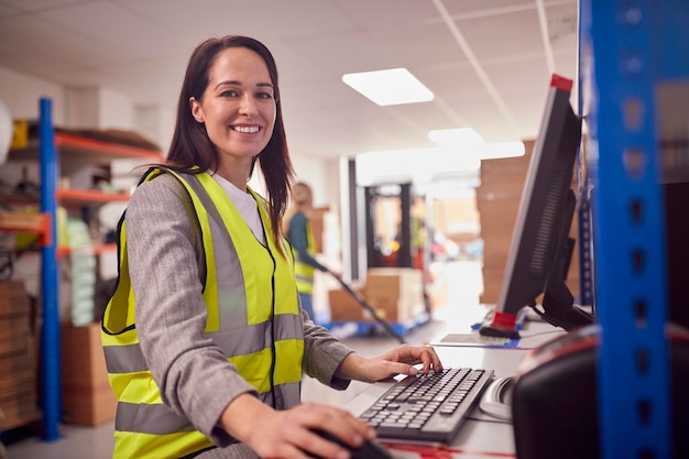 Portrait de femme gestionnaire dans un entrepôt moderne occupé travaillant sur un terminal informatique