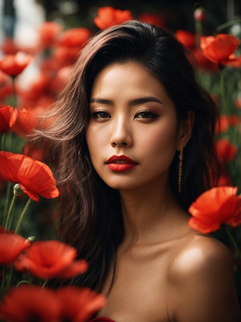 Portrait d'une femme gracieuse avec une coiffure élégante rouge top sans bretelles lèvres naturelles et coquelicots