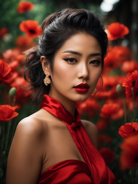 Photo portrait d'une femme gracieuse avec une coiffure élégante rouge top sans bretelles lèvres naturelles et coquelicots