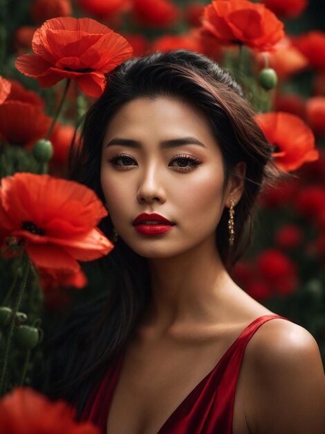 Portrait d'une femme gracieuse avec une coiffure élégante rouge top sans bretelles lèvres naturelles et coquelicots