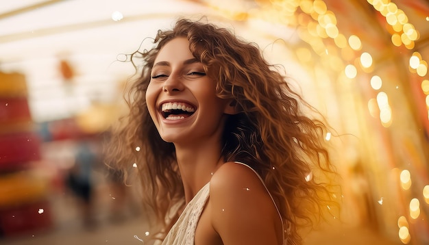 Portrait d'une femme heureuse dans un carnaval de concept de parc d'attractions