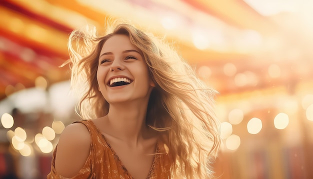 Portrait d'une femme heureuse dans un parc d'attractions concept carnaval