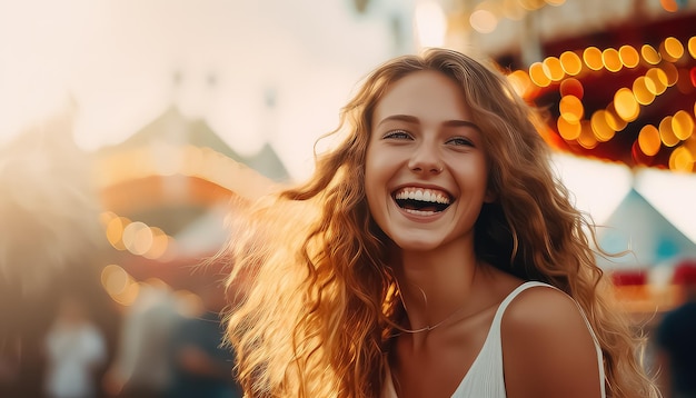 Portrait d'une femme heureuse dans un parc d'attractions concept carnaval