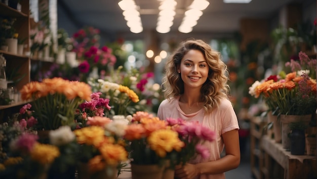 Portrait d'une femme heureuse dans sa boutique de fleurs jeune et joyeuse