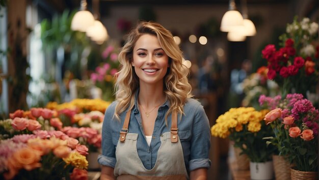 Portrait d'une femme heureuse dans sa boutique de fleurs jeune et joyeuse