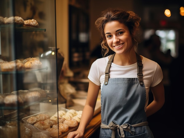 Portrait d'une femme heureuse debout sur le seuil de son magasin ou de sa boulangerie en tablier gris Generative Ai