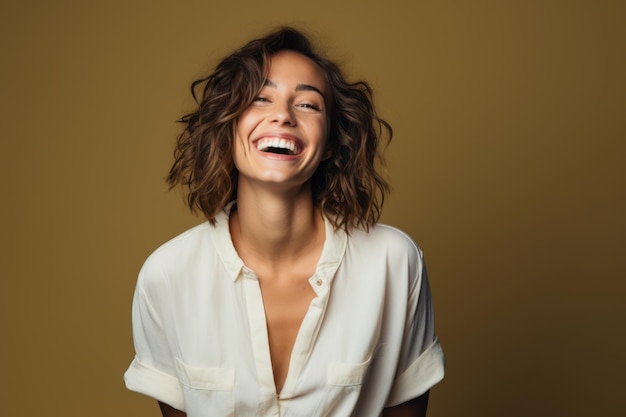 portrait d'une femme heureuse riant sur un fond jaune photo stock