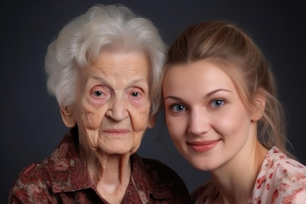 Portrait d'une femme heureuse et de sa grand-mère posant ensemble créé avec l'AI générative