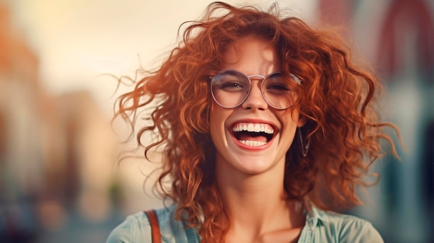 Portrait d'une femme heureuse et satisfaite portant des lunettes créé par l'IA générative