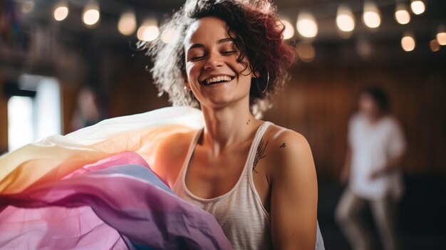 Photo portrait d'une femme heureuse et souriante au gymnase