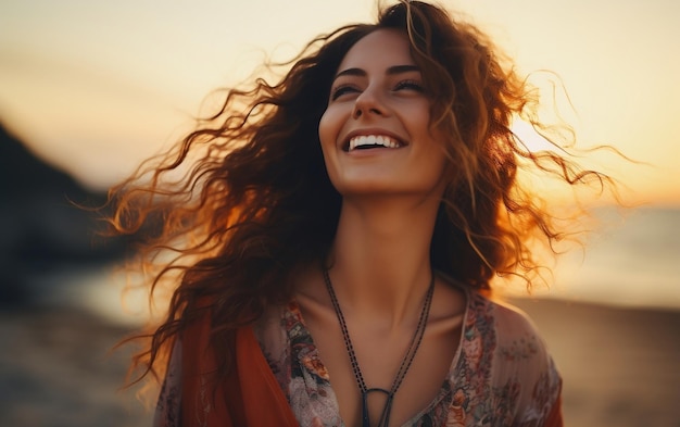 Portrait d'une femme heureuse et souriante avec une belle IA en arrière-plan