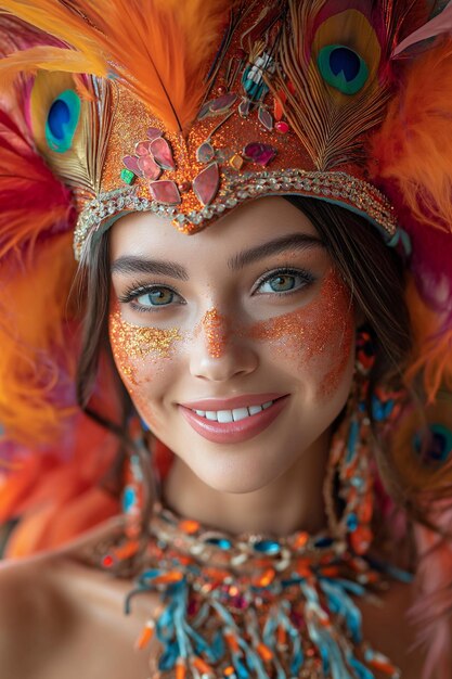 portrait d'une femme heureuse et souriante dans un carnaval lumineux masque vénitien sur fond blanc