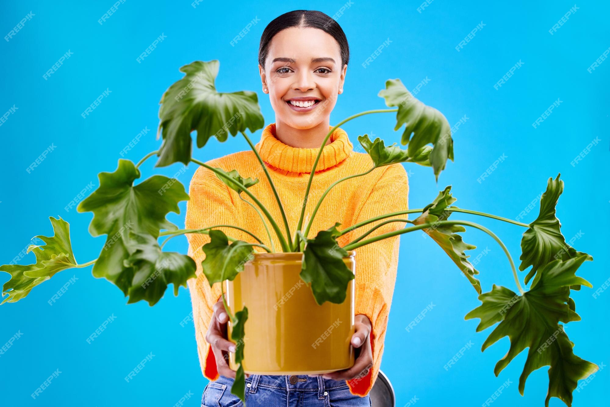 Portrait D'une Femme Heureuse En Studio Avec Un Cadeau De Plante