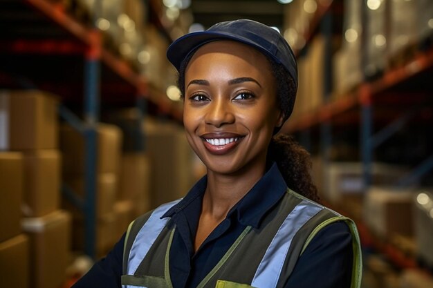 Photo portrait d'une femme heureuse travaillant comme entrepôt generative ai