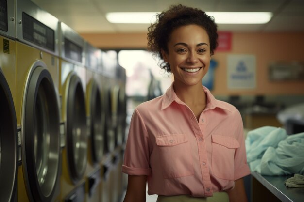 Portrait d'une femme hispanique souriante travaillant à la blanchisserie.