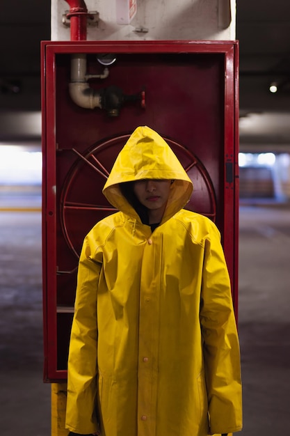 Portrait d'une femme en imperméable au lieu industriel