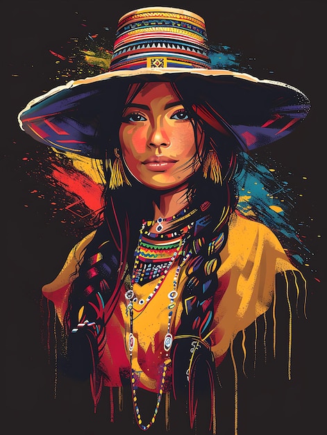 Portrait d'une femme inca portant une tunique traditionnelle et un chapeau T-shirt design art tatouage cadres d'encre