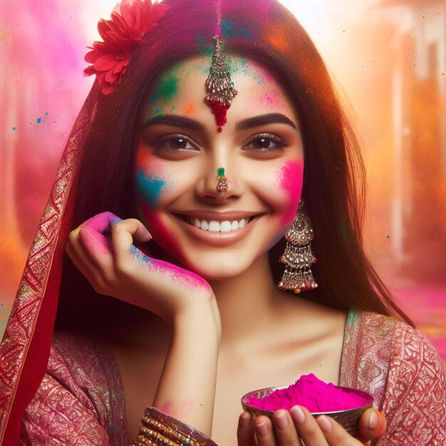 Portrait d'une femme indienne heureuse célébrant Holi avec des couleurs en poudre ou du gulal