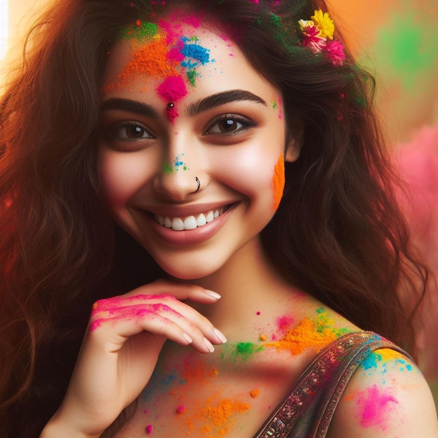 Portrait d'une femme indienne heureuse célébrant Holi avec des couleurs en poudre ou du gulal