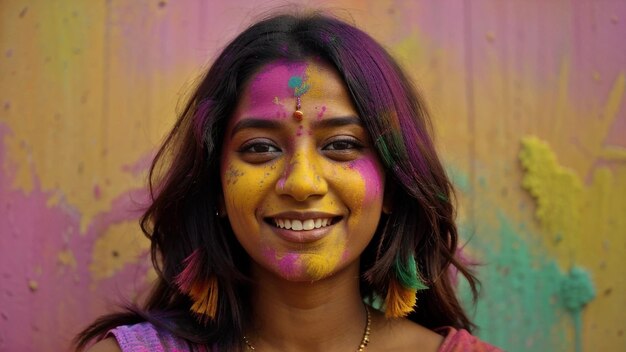 Portrait d'une femme indienne heureuse célébrant Holi avec des couleurs en poudre ou du gulal