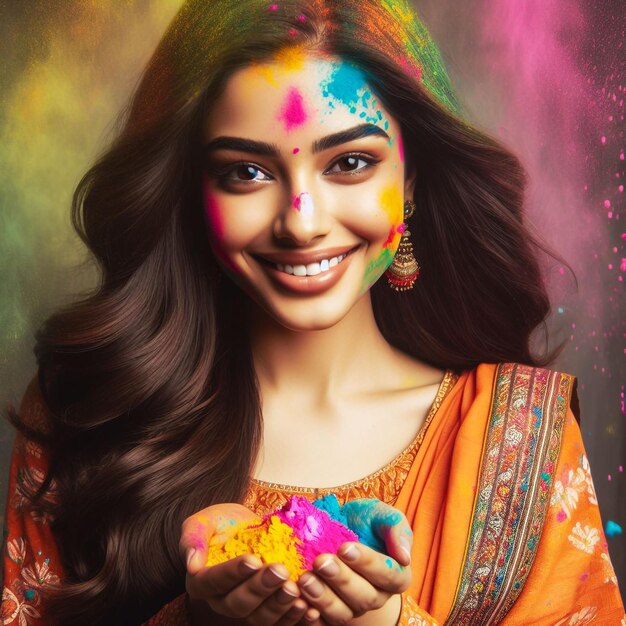 Portrait d'une femme indienne heureuse célébrant Holi avec des couleurs en poudre ou du gulal