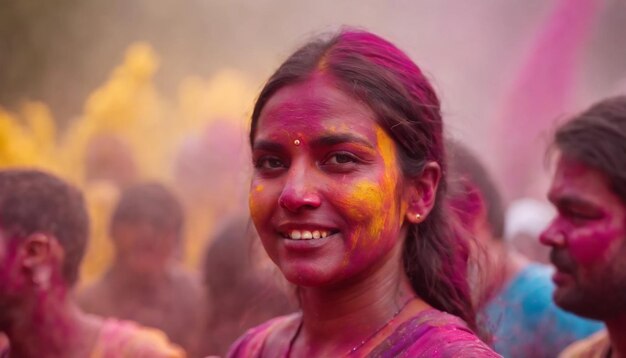 Portrait d'une femme indienne heureuse célébrant Holi avec des couleurs en poudre ou du gulal