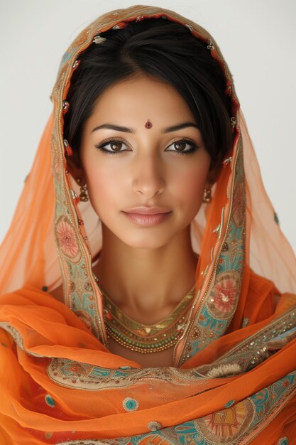 Portrait d'une femme indienne en saree sur fond blanc