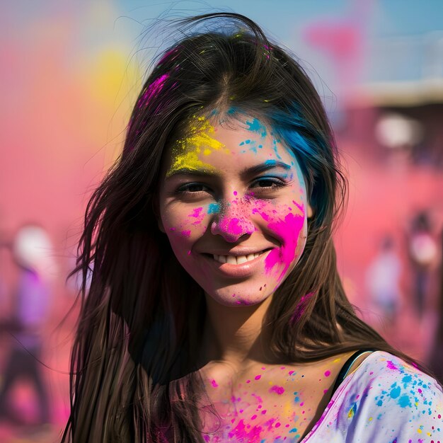 Portrait d'une femme indienne avec un visage en poudre de couleur et célébrant une fête Holi heureuse