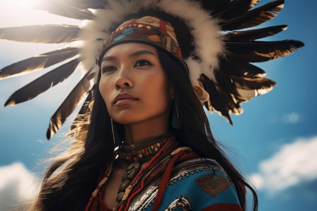 Portrait d'une femme indigène indienne avec une couronne de tête de plume concept de culture tribale ethnique indigène