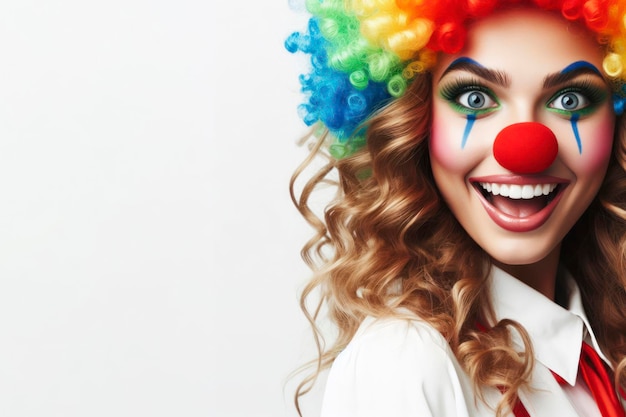 Portrait d'une femme joyeuse clown sur un fond blanc espace de copie