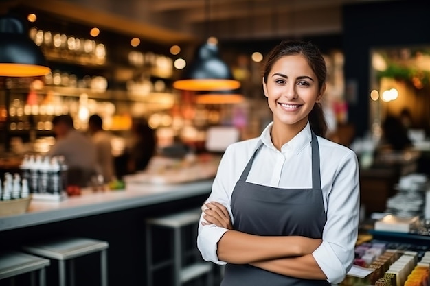 Portrait Femme joyeuse propriétaire d'un magasin avec un arrière-plan de papeterie côté ordinateur portable généré par l'IA