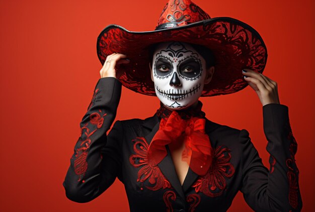 Un portrait d'une femme Katrina portant du maquillage de crâne de sucre pour célébrer Halloween ou le Jour des Morts