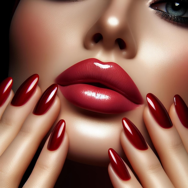 portrait d'une femme avec des lèvres et des ongles rouges Beauté industrielle Maquillage professionnelBeau modèle