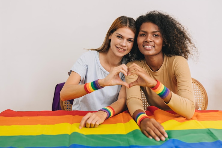 Photo portrait femme lgbt main coeur amour signe mélange course vivant avec drapeau arc-en-ciel à la caméra