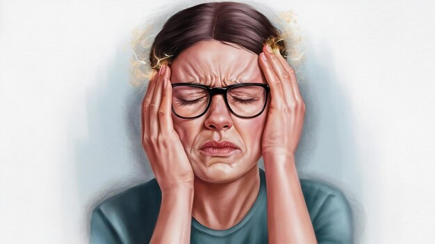 Portrait d'une femme en lunettes ayant des maux de tête, des vertiges ou une migraine fiévreuse