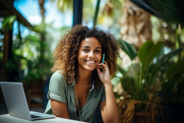 Portrait d'une femme à la maison sur ordinateur portable avec IA générative