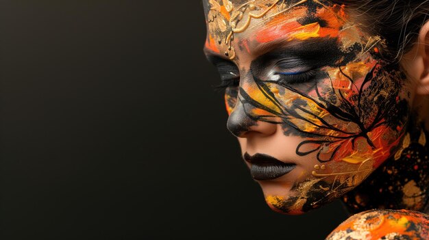 Photo portrait d'une femme avec un maquillage artistique ressemblant à des feuilles d'automne sur son visage