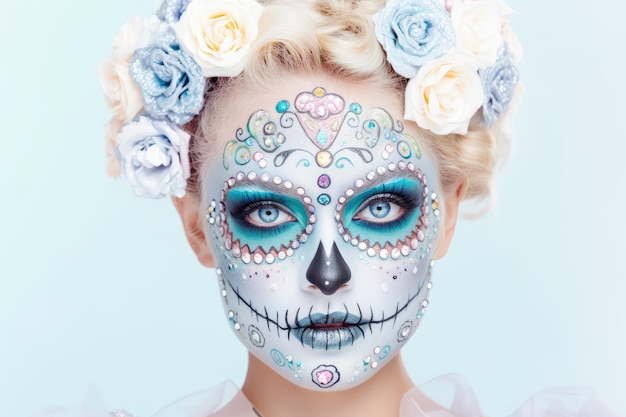 Portrait d'une femme avec un maquillage de crâne de sucre sur fond bleu costume et maquillage d'Halloween Portrait de Calavera Catrina