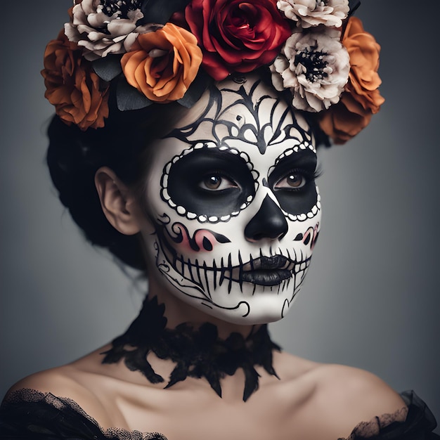 Portrait d'une femme avec un maquillage de crâne de sucre sur fond sombre costume d'halloween et maquillage portra